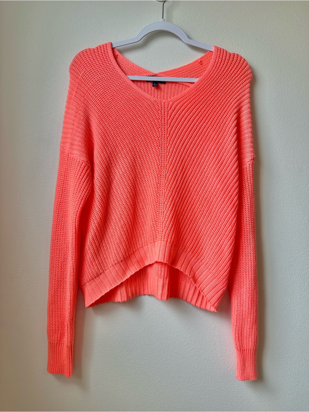 Freshman 1996 Coral Pinkish Orange Dolman V-Neck Hi-Low Knit Sweater Size L